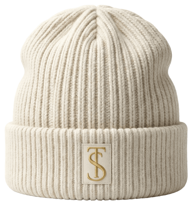 The Source ribbed beanie in cream with the gold TS monogram