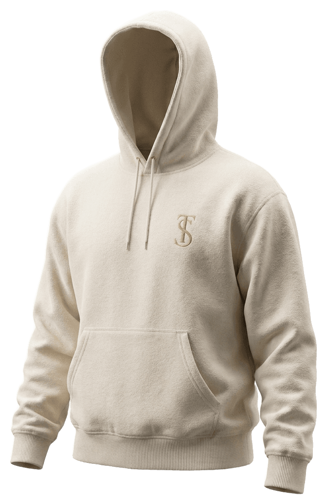 Cream heavyweight hoodie with a small gold TS monogram at the chest