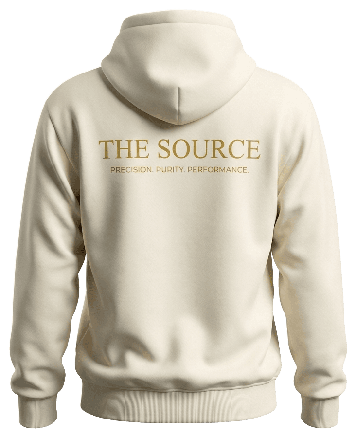 Cream heavyweight hoodie with THE SOURCE wordmark across the back