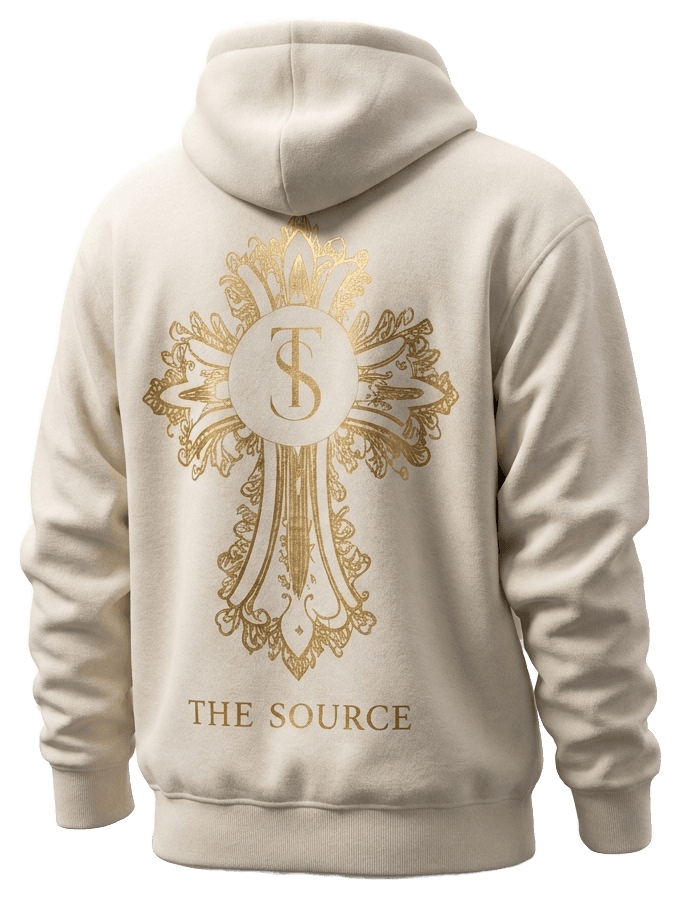 Cream heavyweight hoodie with the large gold house crest on the back