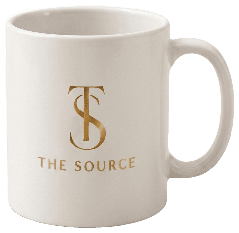 The Source porcelain mug in white with the gold monogram