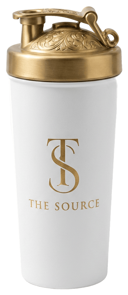 The Source shaker in white steel with a brushed-gold lid