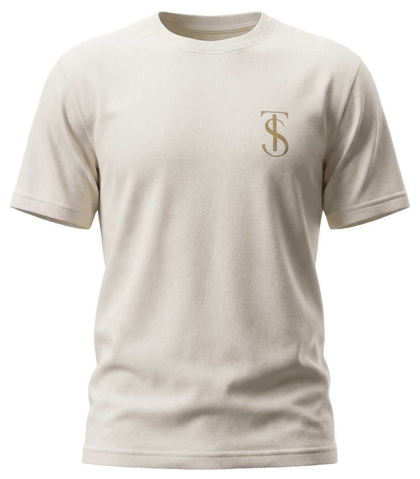 Cream tee with a small gold TS monogram at the chest