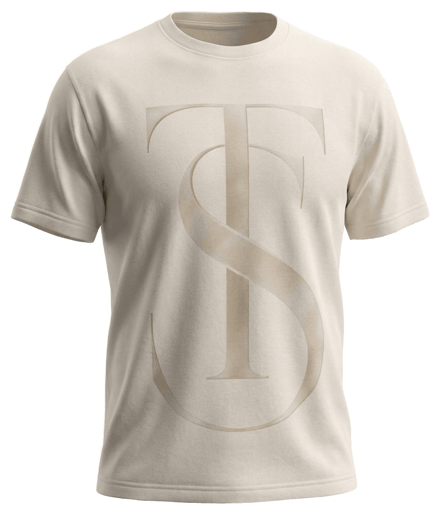 Cream tee with an oversized tonal TS across the chest