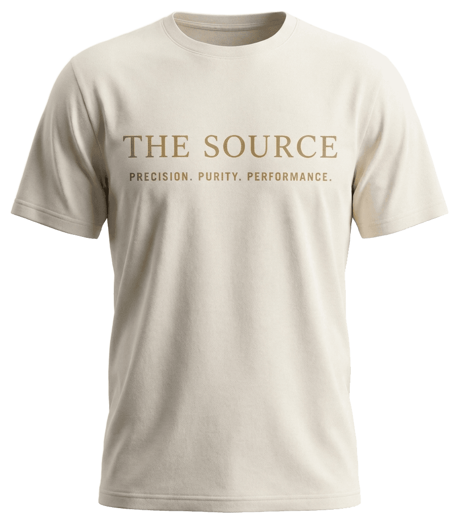 Cream tee with THE SOURCE wordmark and tagline