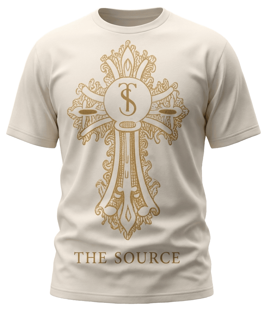 Cream tee with the gold house crest and THE SOURCE beneath