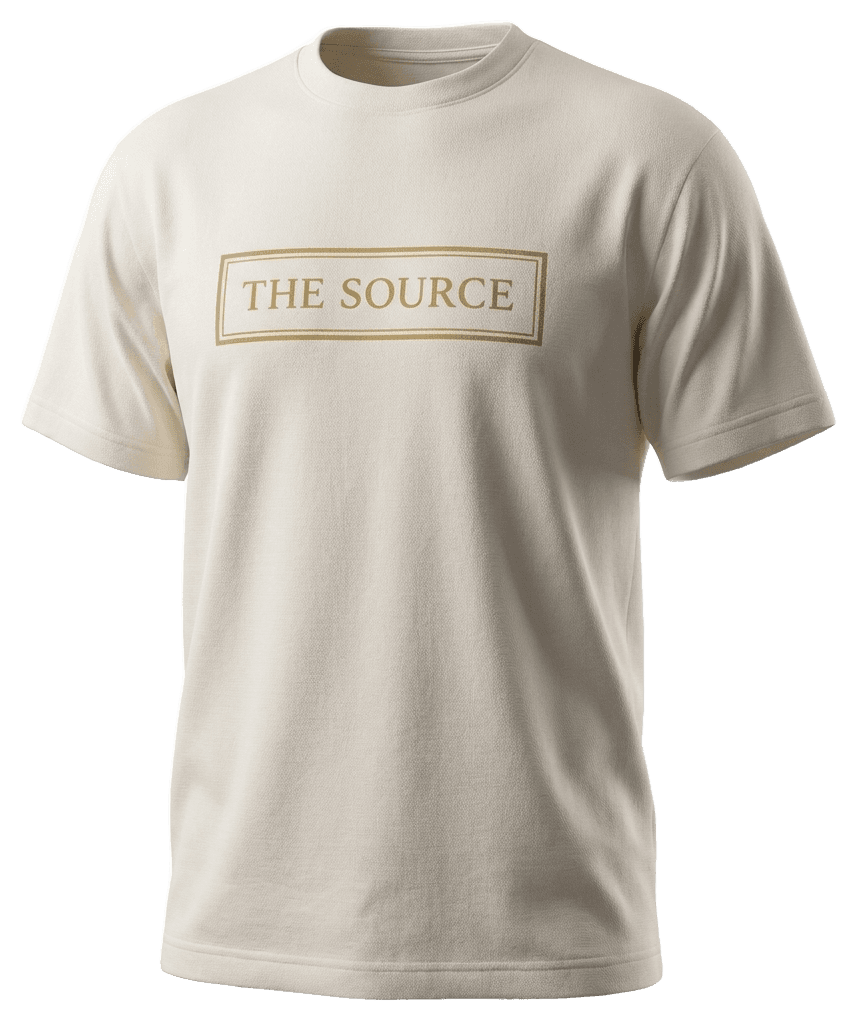 Cream tee with THE SOURCE in a framed gold box