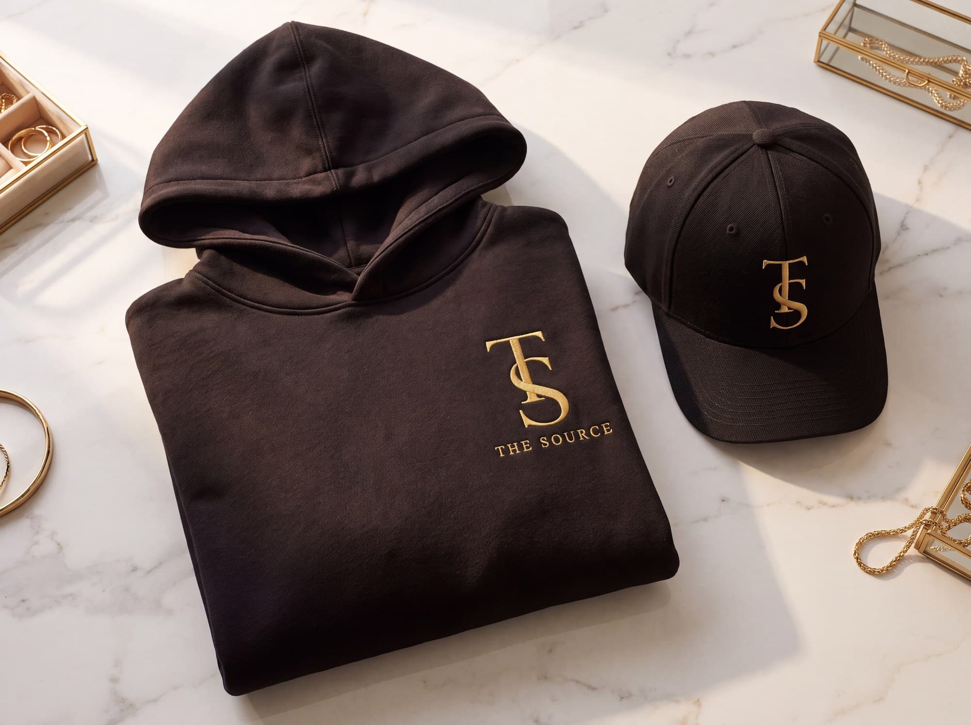 Drop 001 — house hoodie with gold monogram