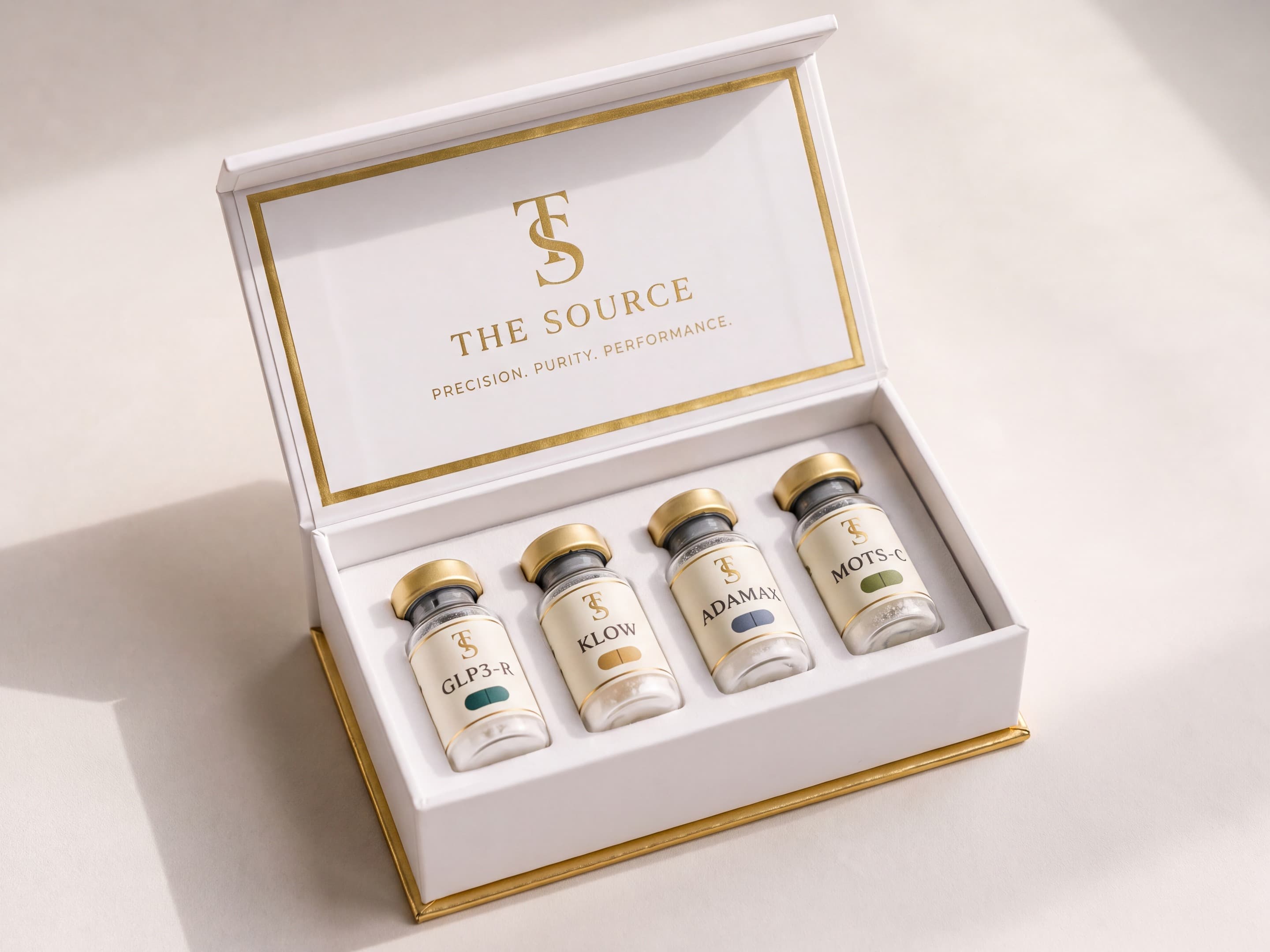 The Foundations Kit — the white and gold box holding four house vials