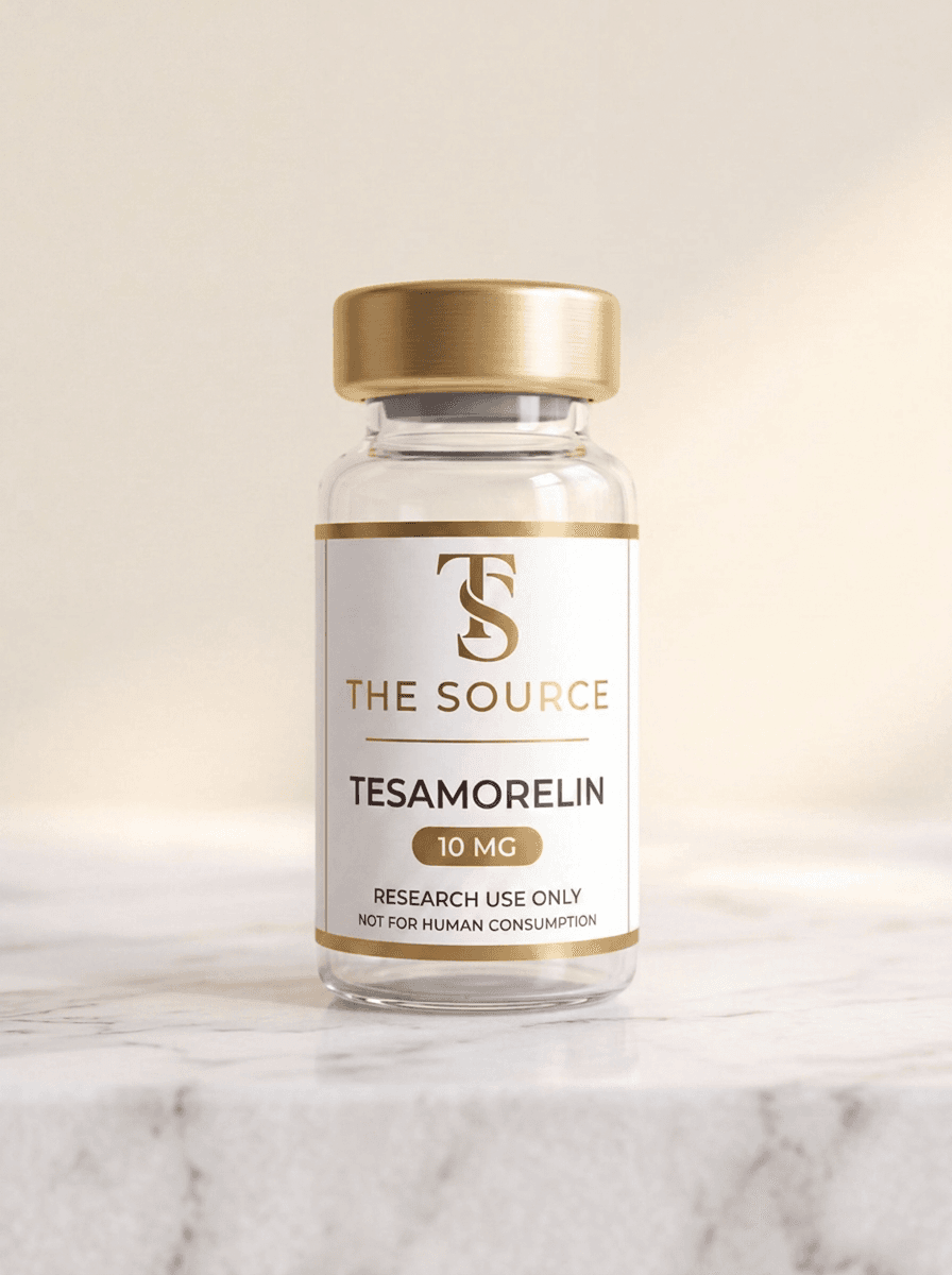 The Source house vial label — gold-foil mark, compound color pill, research use only line